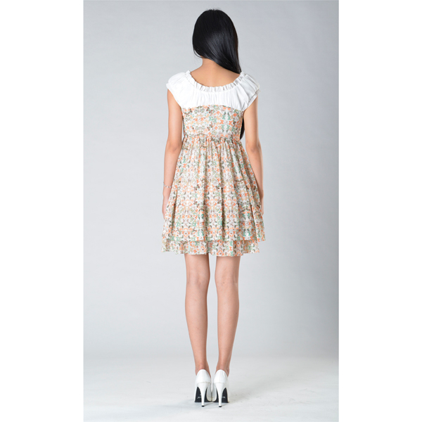 SY004雪紡白色印花連裙背面效果 SY004雪紡白色印花連裙背面效果